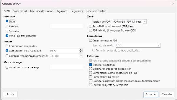 Xanela que se abre para axustar os parámetros de exportación a PDF