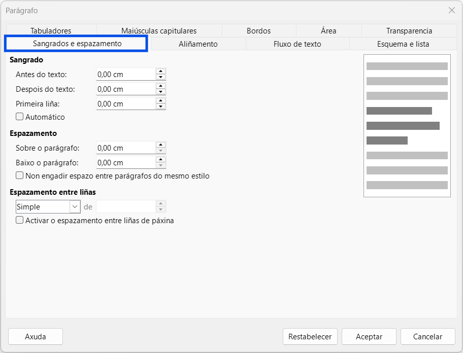 Menú Formato > Parágrafo > Sangrado e espazamento en Writer
