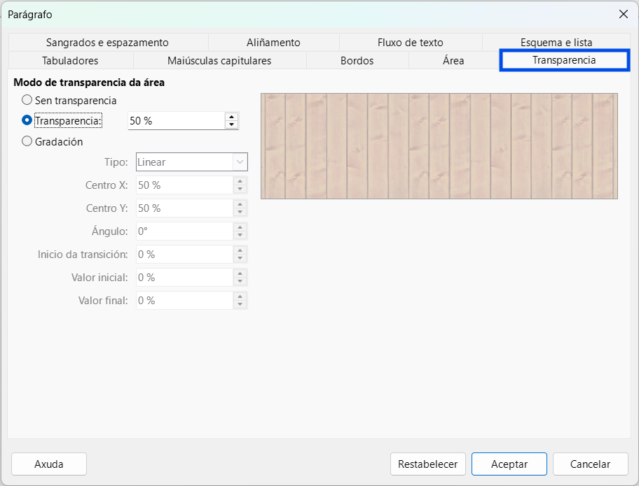 Formato > Parágrafo > Transparencia coas opcións de definir o grao de transparencia ou gradación