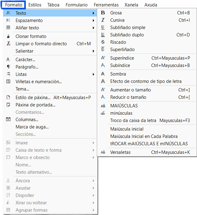 Menú con todas as opcións para cambiar o formato de texto en Writer
