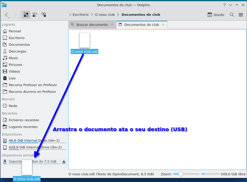 Arrastar o documento (cREAgal) Captura de pantalla cunha xanela aberta que mostra como arrastrar un documento desde a súa localización ata a unidade extraíble