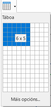 Grella con cadrados para seleccionar o tamaño dunha táboa a inserir en LibreOffice Writer