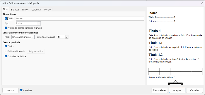 Menú índice e índice analítico (cREAgal) Menú índice e índice analítico en Writer onde se poden modificar diferentes atributos