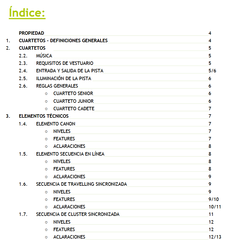 Índice do documento Regulamento para as competicións de patinaxe artístico 2024. Ten 3 apartados e varios subapartados