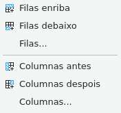 Menú inserir coas opcións de inserir filas enriba, filas debaixo, filas, columnas antes, columnas despois e columnas
