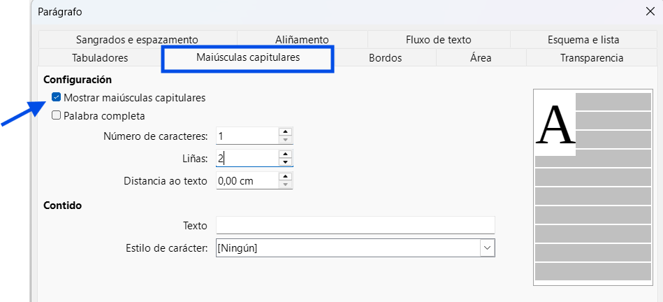 Menú de Writer onde se visualizan as diferentes opcións para configurar a letra capitular