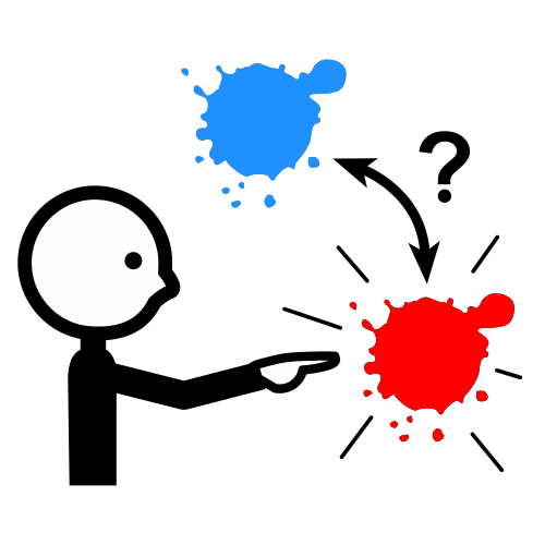 Pictograma que amosa a unha persoa escollendo entre dúas opcións diferentes representadas por formas de cor vermello e azul