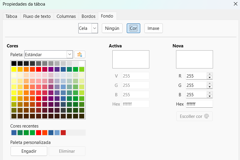 Menú propiedades de táboa para modificar o fondo dunha cela, fila ou táboa en LibreOffice Writer