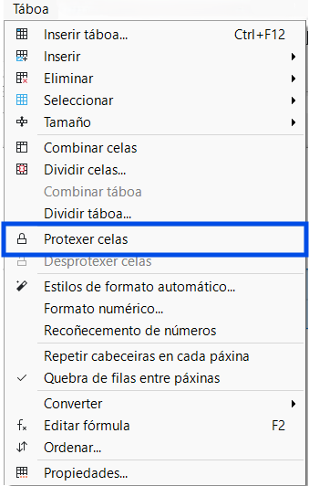 Menú táboa de Writer onde se pode atopar a opción de protexer celas