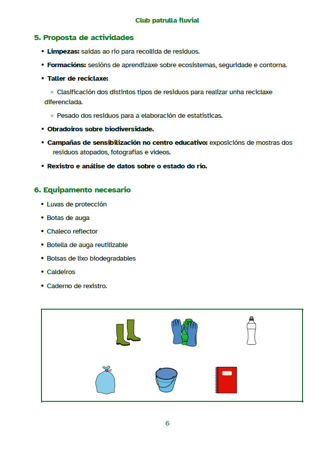 Imaxe da páxina dun documento de texto na que aparece unha proposta de actividades dun club e o material necesario para participar