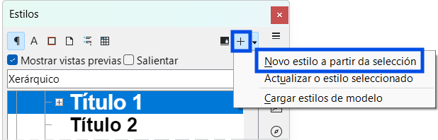 Crear novo estilo en Writer, premendo no + e en novo estilo