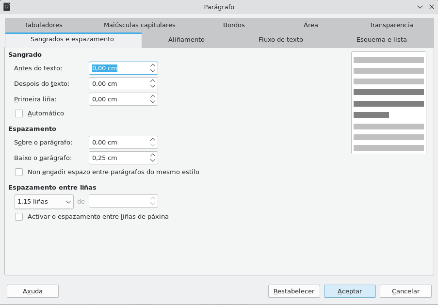 Opcións de formato paragráfo Captura das opcións de formato parágrafo do LibreOffice Writer