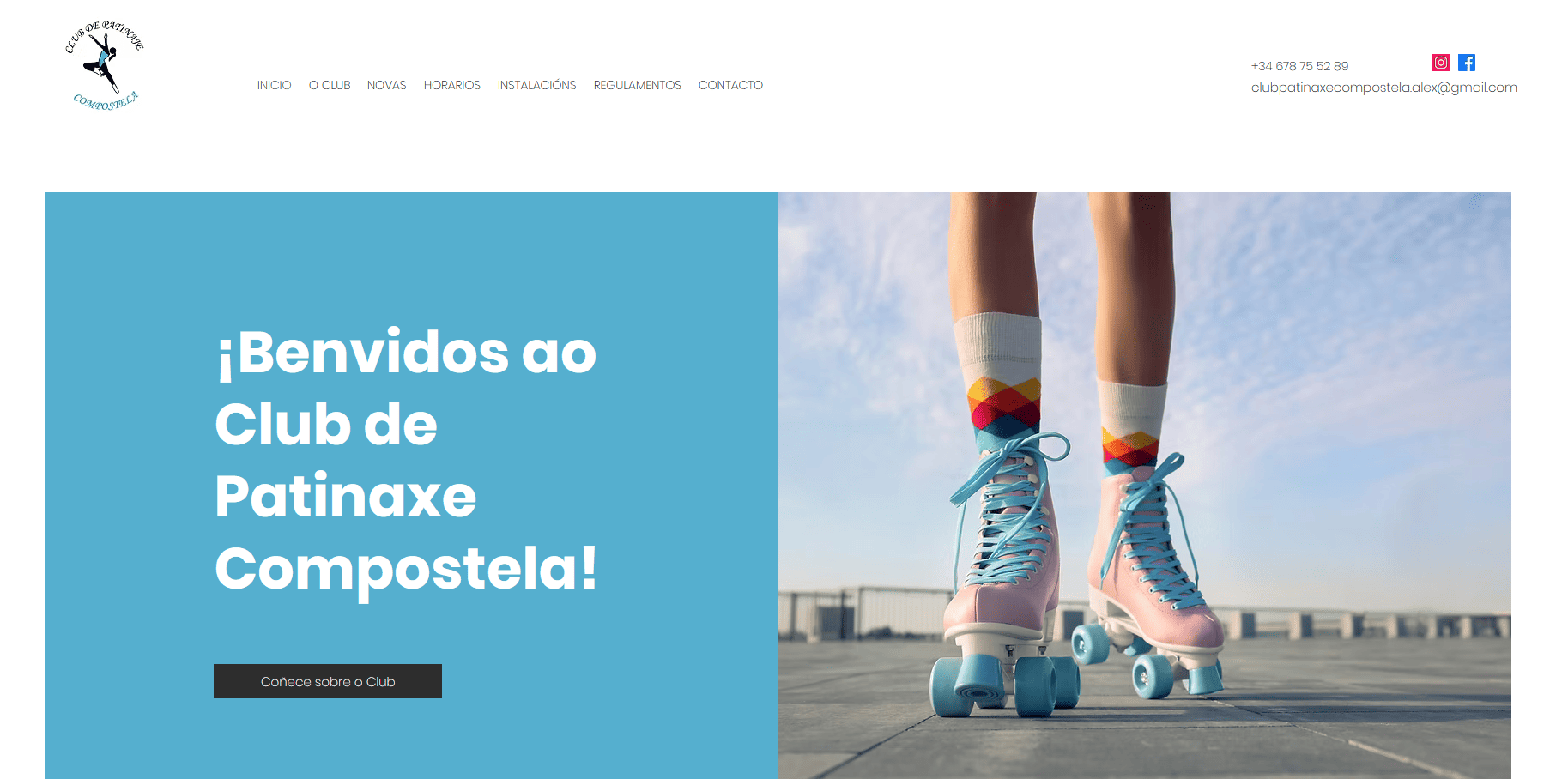 Páxina principal da web do Club de patinaxe Compostela. Amosa uns patíns.