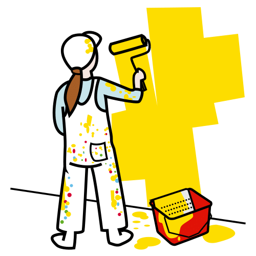 Pintando unha parede (ARASAAC) Imaxe que amosa a unha rapaza pintando unha parede