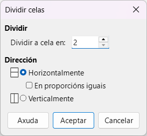 Menú dividir celas coas opcións de dividir celas horizontalmente, incluíndo proporcións iguais, ou verticalmente