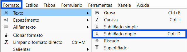 Menú texto, formato, subliñado duplo en Writer 