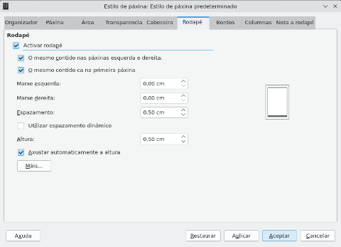 Captura de pantalla das opcións de rodapé do LibreOffice Writer Captura de pantalla das opcións de rodapé do LibreOffice Writer