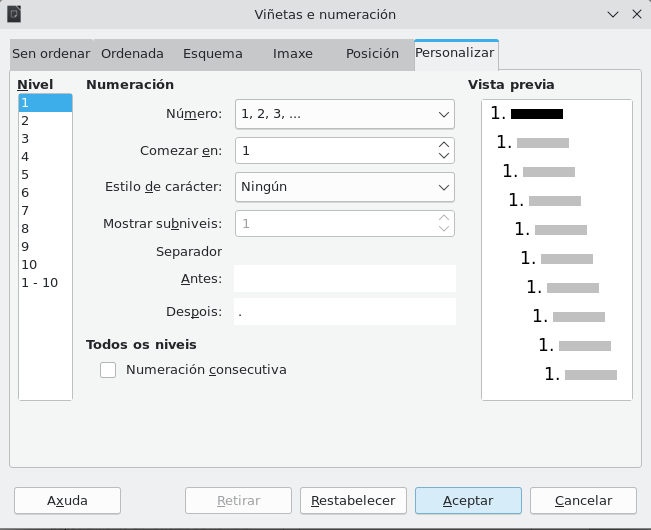 Captura de opcións de listas do LibreOffice Writer Captura de opcións de listas do LibreOffice Writer