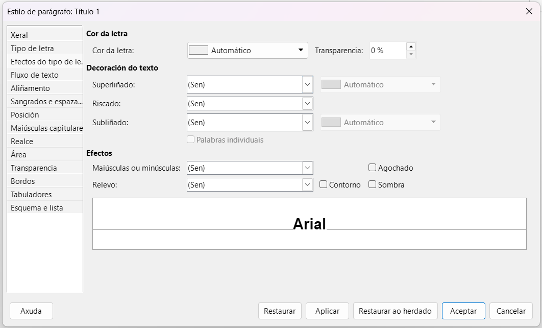 Xanela coas opcións dispoñibles para a personalización dun novo estilo de parágrafo creado en Writer