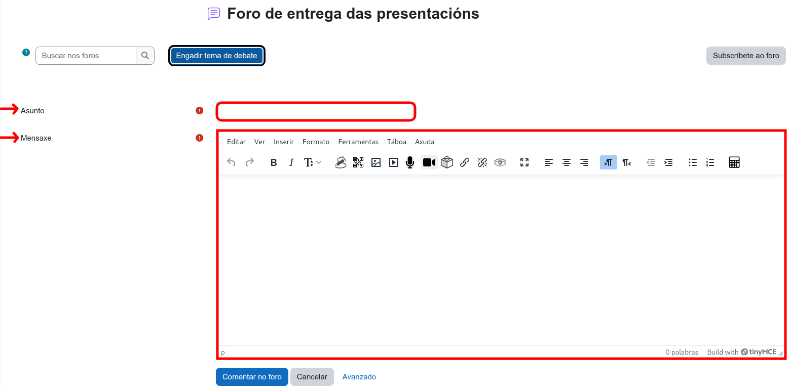 Captura de pantalla dunha entrada nun foro de Moodle