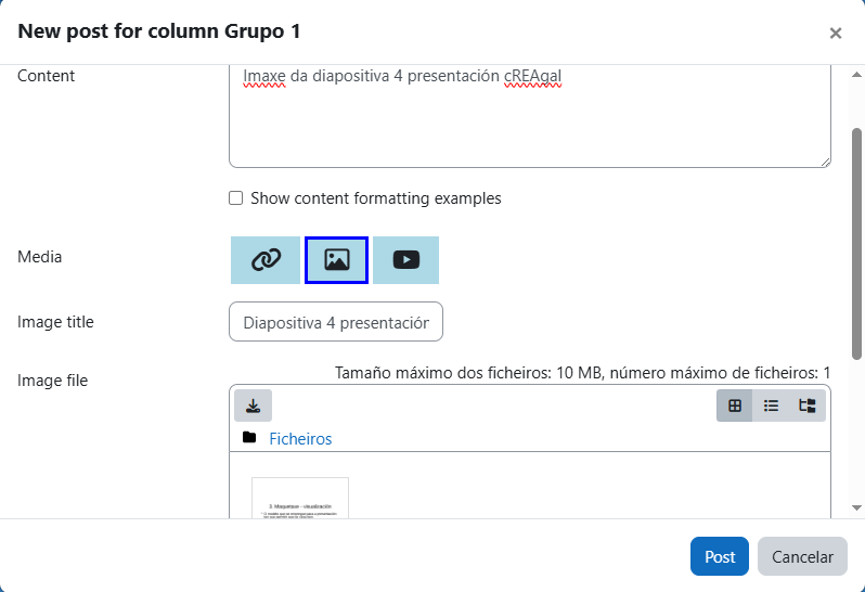 Captura de pantalla que amosa como engadir unha imaxe en Moodle Board