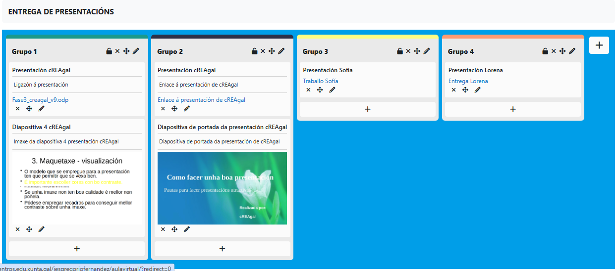 Imaxe dun taboleiro de Moodle Board con varias entregas