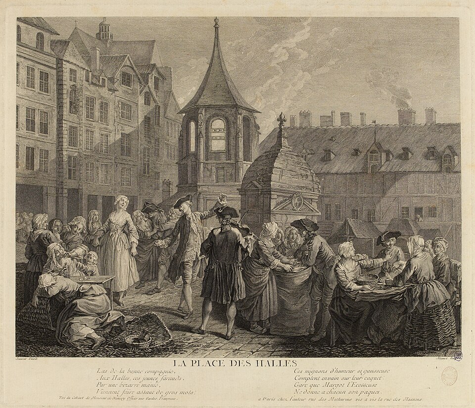 Gravado que mostra o mercado de Les Halles en París no 1750.
