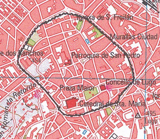 Detalle do plano da cidade de Lugo onde se ve a zona intramuros