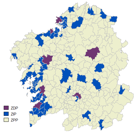 Mapa dos concellos galegos clasificados segundo a súa poboación