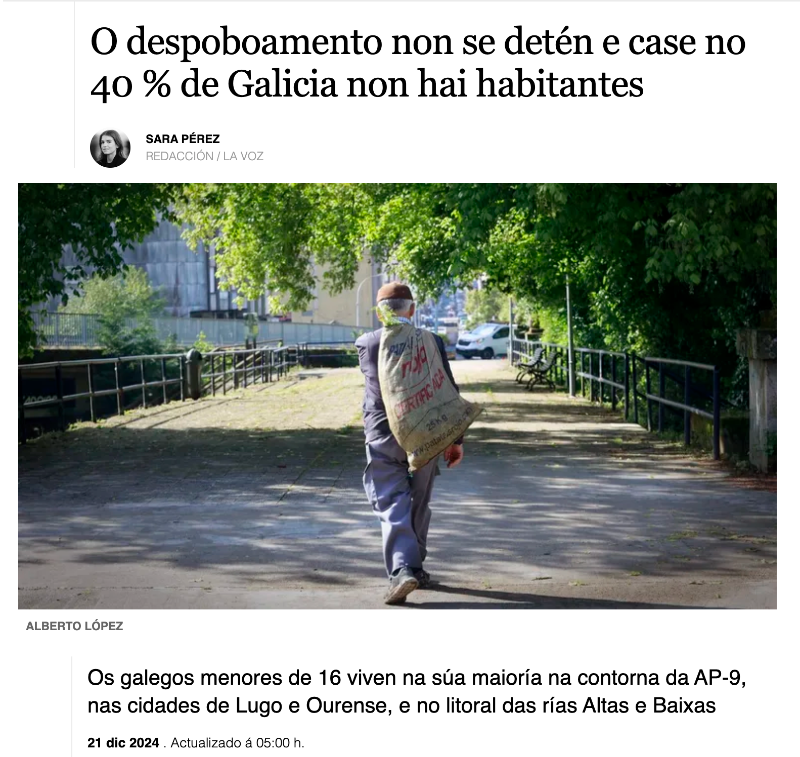 Titular da Voz de Galicia que recolle a información de que no 40% do territorio de Galicia non hai habitantes 