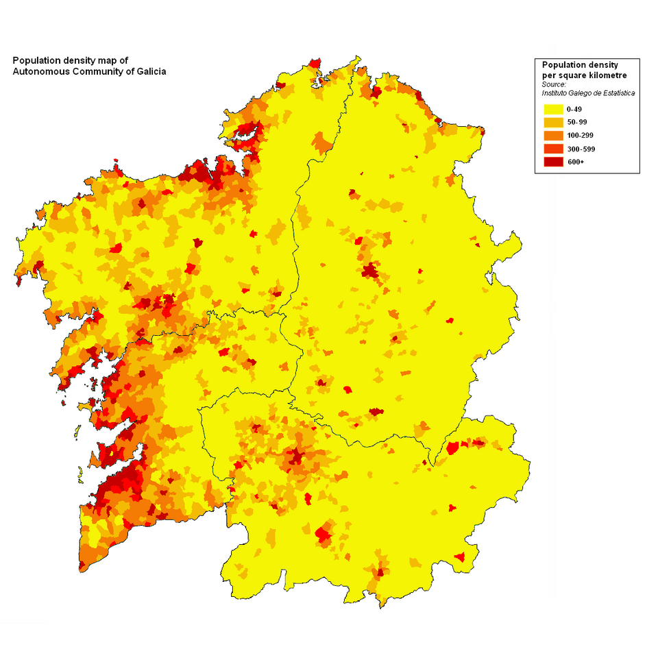 Mapa de concellos de Galicia máis densamente poboados
