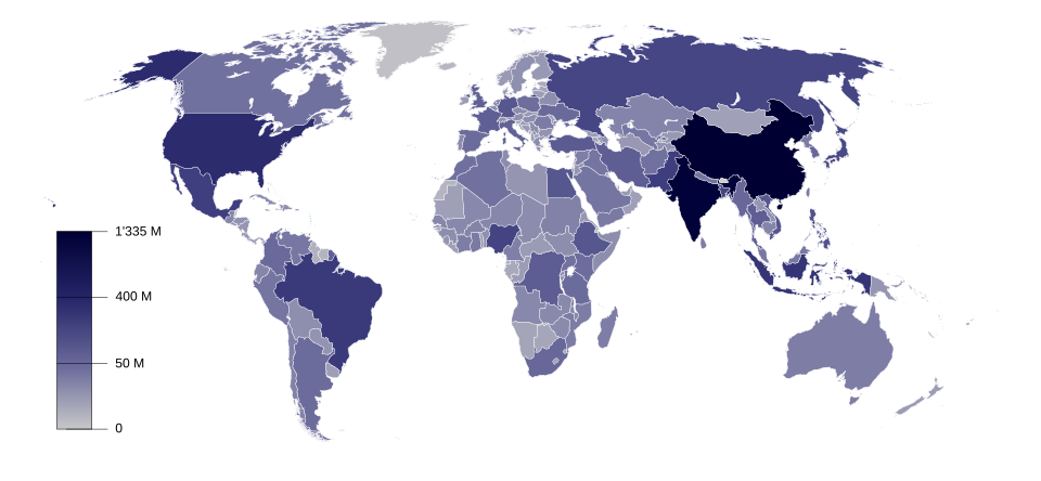 Planisferio onde se representa a distribución da poboación mundial 