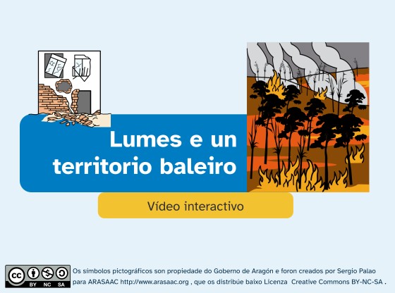Portada do vídeo con pictogramas de incendio forestal e casa baleira