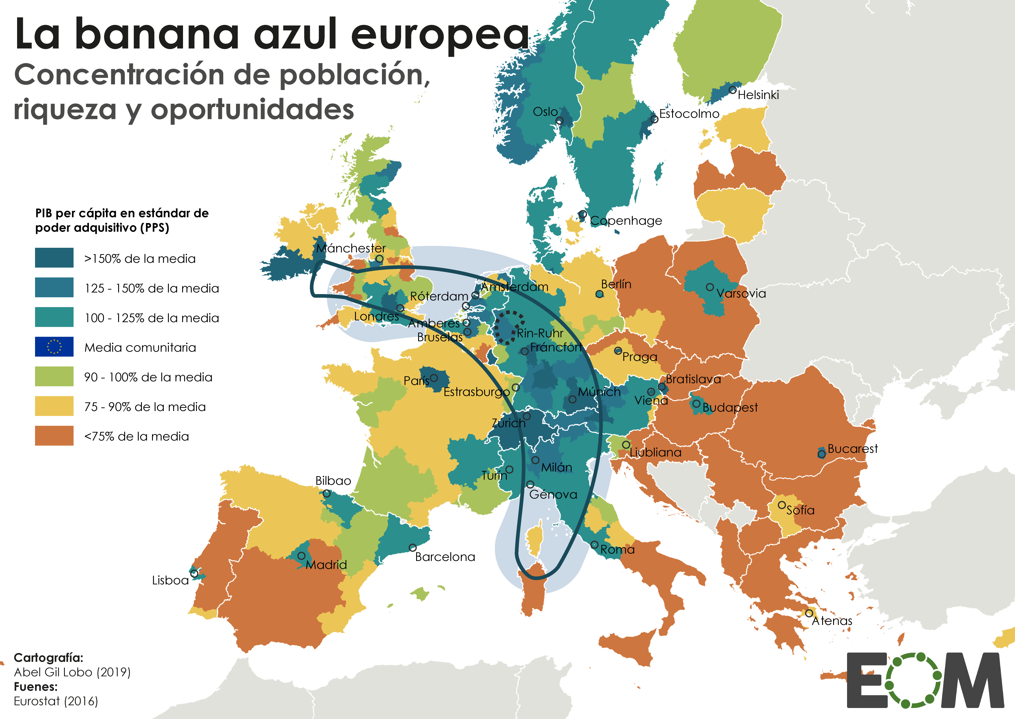 A imaxe mostra un mapa de Europa con unha franxa pintada de azul, a correspondente á rexión coñecida como banana azul