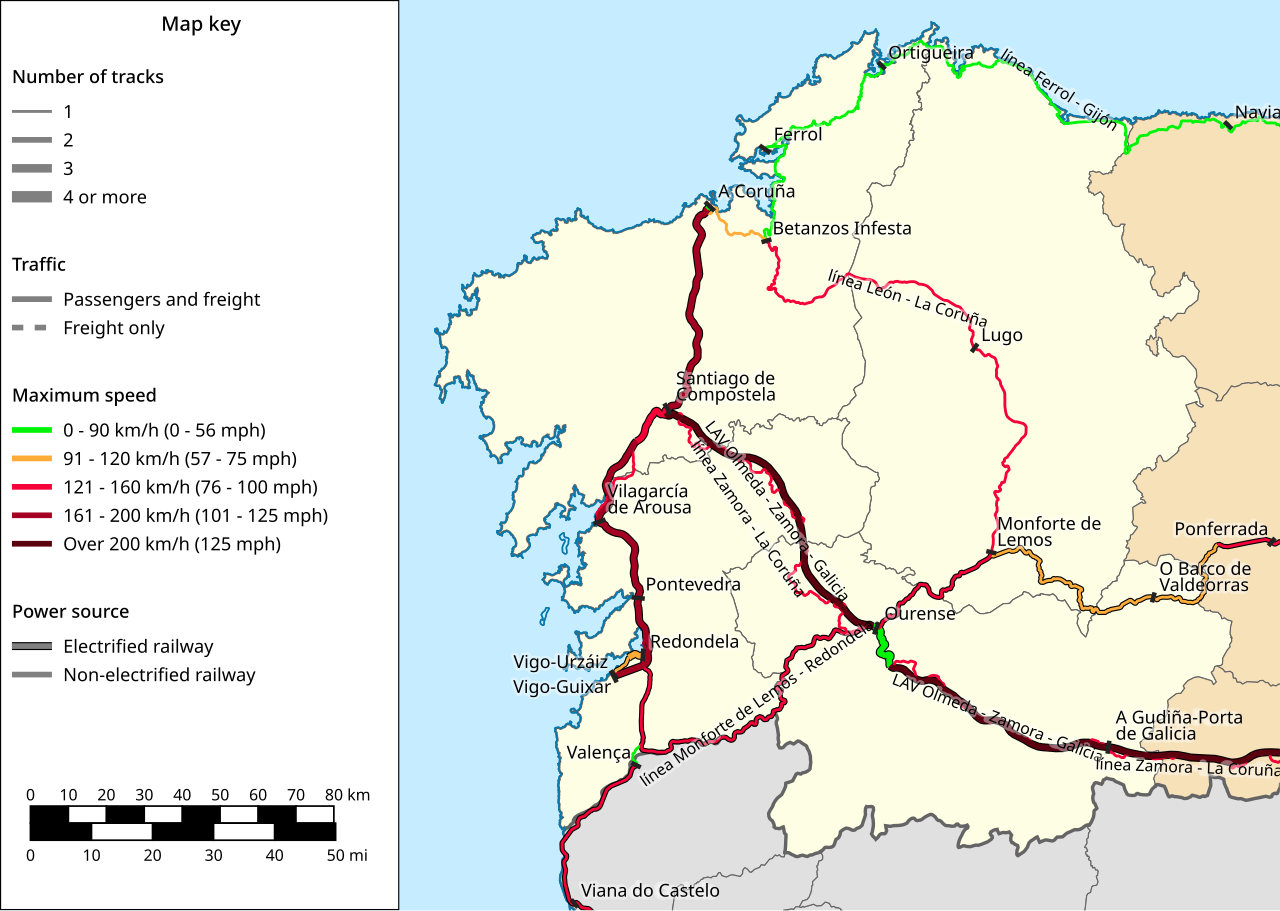 Mapa coas diferentes liñas de transporte ferroviario en Galicia