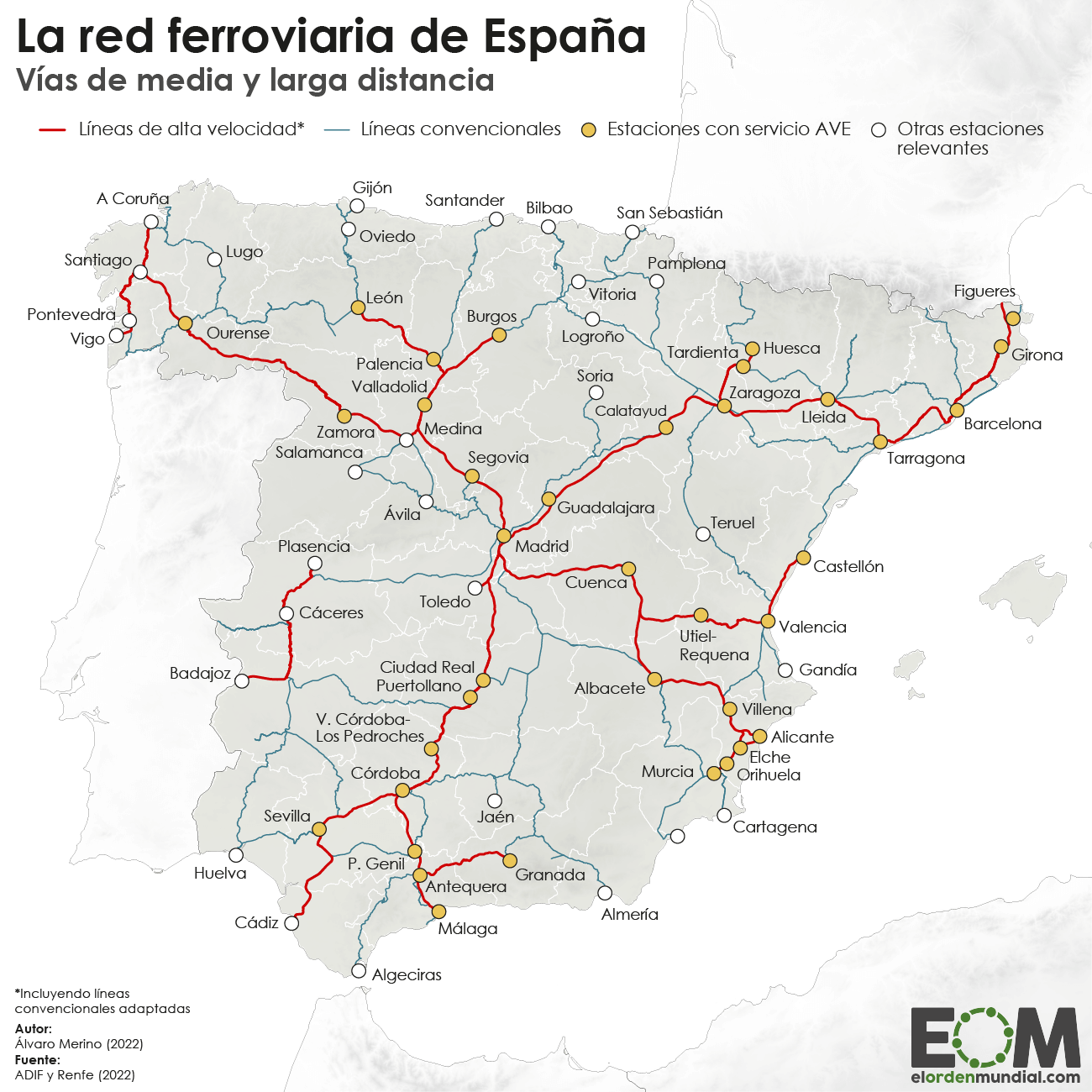 Mapa coas vías de tren en España