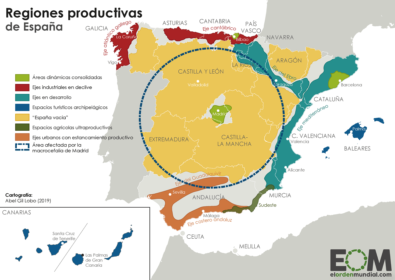 Mapa que amosa as rexións industriais de España