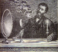 Ilustración de científico con espejo cóncavo y vela