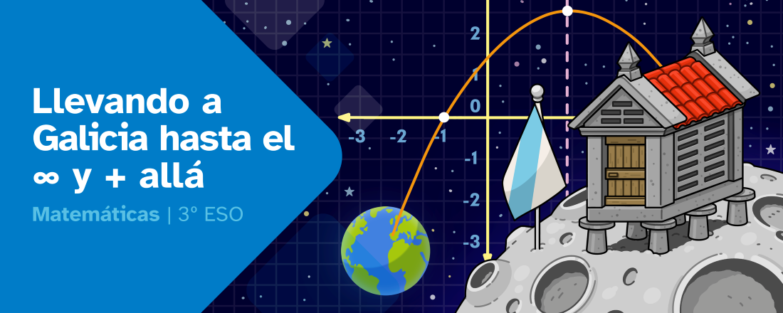 Portada REA 4 Matemáticas 3º ESO (cREAgal) Portada REA 4 Matemáticas 3º ESO con un fondo estelar sobre el que se dibuja una parábola en uno de cuyos extremos está la Tierra y en el otro un planeta sobre el que hay un hórreo y una bandera de Galicia.