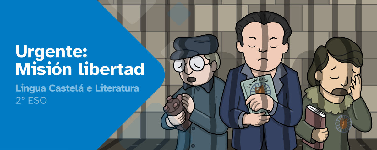 Ilustración que muestra a dos hombres y una mujer en la cárcel con libros en las manos 