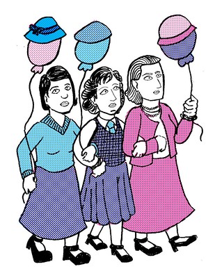 Las Sinsombrero Tres mujeres agarradas del brazo pasean con globos que llevan sus sombreros.