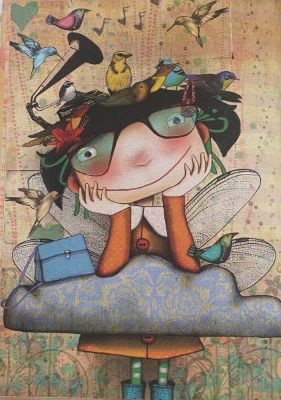 Una chica rodeada de sus cosas favoritas: animales, música, pájaros...
