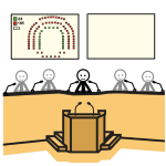 Varias personas en una mesa delante de micrófonos haciendo una votación.