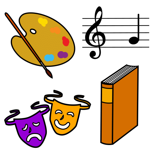 Imagen que representa la cultura con una nota musical, libros, una paleta de pintor y máscaras de teatro.