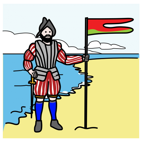Hombre clavando una bandera en un territorio.