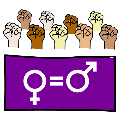 Bandera violeta con los símbolos de masculino igual a femenino. Puños alzados detras de la bandera.