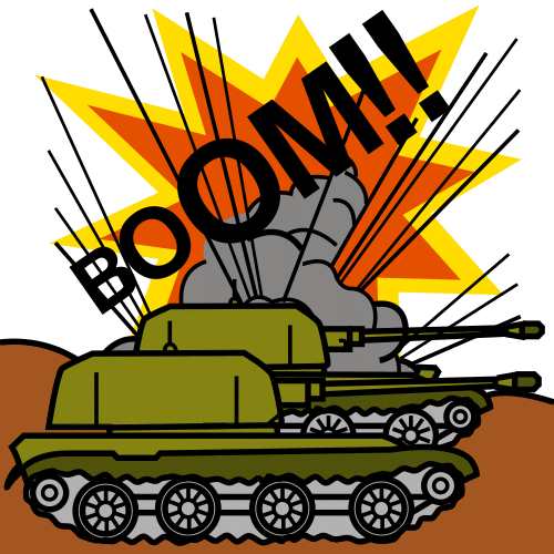 Explosiones y tanques de guerra. Se puede leer Boom