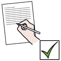 Mano escribiendo sobre un papel. Al lado lleva marca de que está correcto.