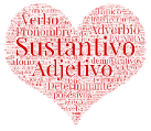 Nube de etiquetas con forma de corazón y tipos de categorías gramaticales.