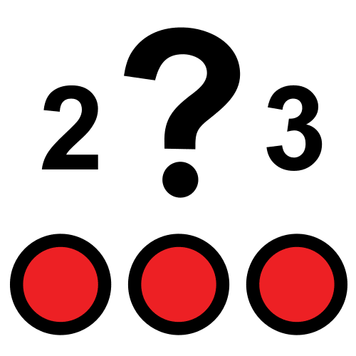 Imagen compuesta por tres círculos rojos. En la fila superior se ubica el número 2, en el centro un signo de interrogación y en la inferior el número 3.